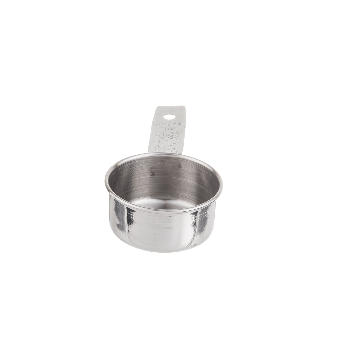 A shiny stainless steel measuring cup sits on a white background. It features a short handle with a hole at the end and engraved markings that read “1/4 cup” and “60 ml.” The empty cup reflects light on its smooth surface.