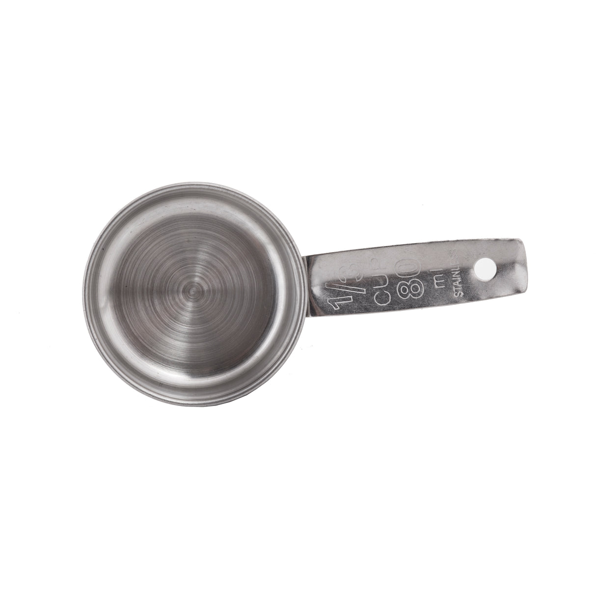 A stainless steel measuring cup with a flat handle is shown on a white background. The handle is engraved with “1/3 cup,” “80 ml,” and “STAIN” for stainless steel. The cup is clean, empty, and seen from above; it’s also dishwasher safe.