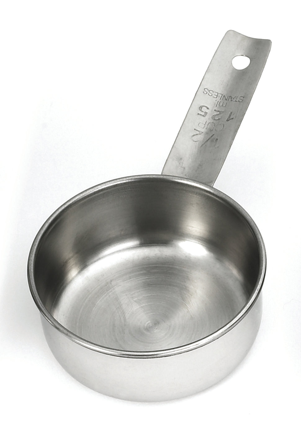 A stainless steel measuring cup with a flat handle is shown. The handle, marked “1/2 CUP, 125 mL, STAINLESS,” highlights its dishwasher safe design. The clean, empty cup is displayed from overhead on a plain white background.