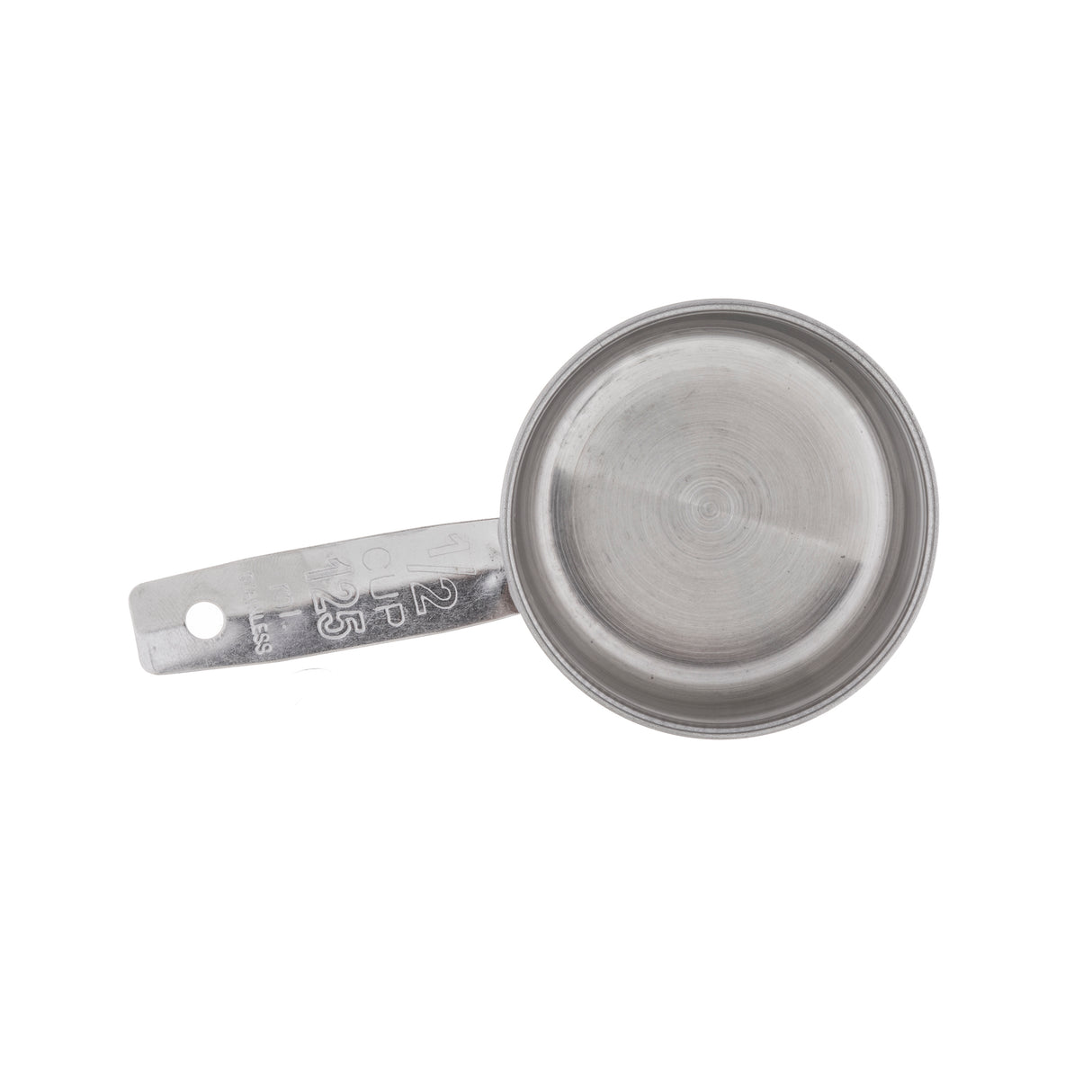 A stainless steel 1/2 cup measuring cup is shown from above on a white background. The handle has embossed measurement markings and a hole for hanging. The dishwasher safe cup is empty and clean, with circular grooves visible inside.