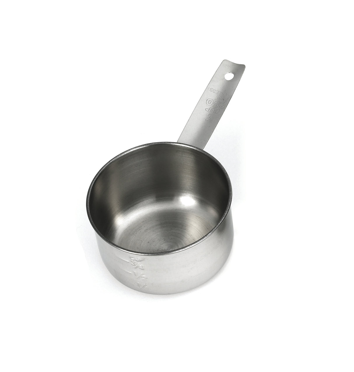 A stainless steel measuring cup with a long handle and a small hole at the end. The cup is dishwasher safe, features a smooth, shiny finish, and has embossed measurement marks visible on the side. The image is set against a white background.