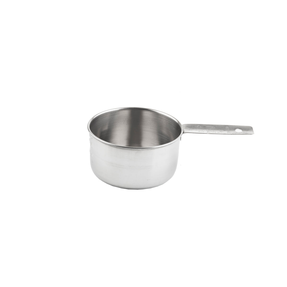 A small, empty stainless steel saucepan with a single long handle, shown against a plain white background. The polished finish and smooth sides make it dishwasher safe, and its compact size can double as a handy measuring cup.