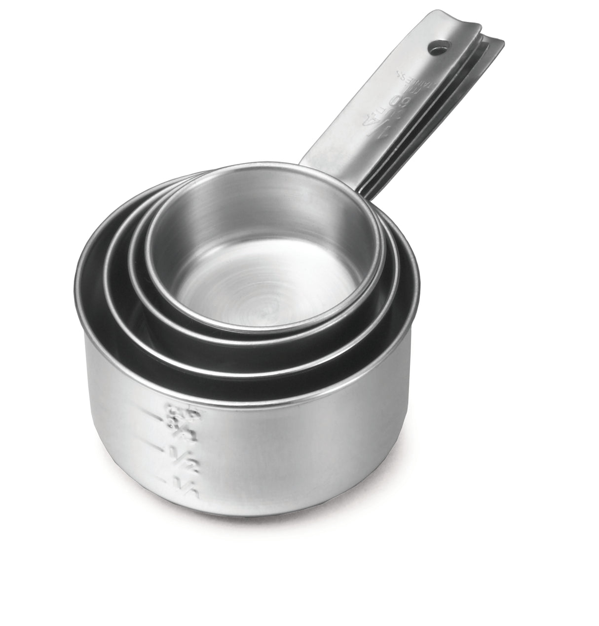 A set of four nested stainless steel measuring cups with engraved measurement markings, stacked together on a white background. The handles are aligned, feature holes for hanging, and the set is dishwasher safe for easy cleaning.