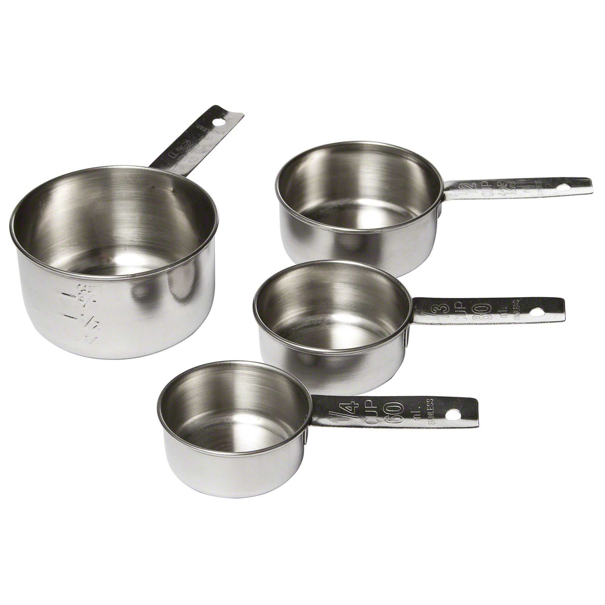 This set of four stainless steel measuring cups includes 1 cup, 1/2 cup, 1/3 cup, and 1/4 cup sizes, each with flat handles and stamped measurement markings. These durable measuring cups are dishwasher safe for easy cleaning.