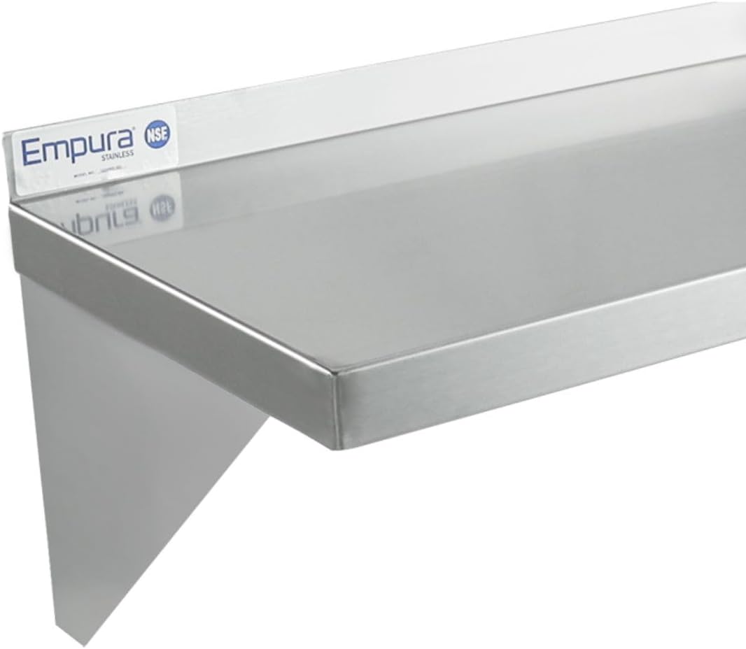 A stainless steel shelf with a triangular support bracket underneath, perfect as a wall mount storage shelf. Its smooth, reflective surface features a small label on the left edge reading Empura NSF Stainless. The background is plain white.