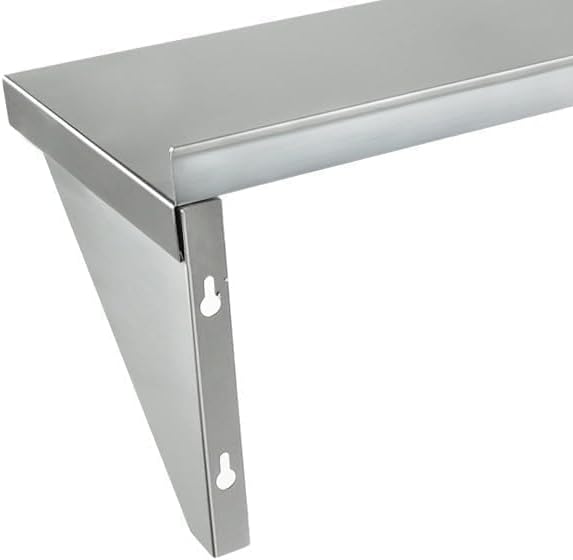 A close-up view of a stainless steel shelf with a silver finish. Supported by a sturdy, angled metal bracket, this NSF wall mount storage shelf features two keyhole slots for mounting and showcases clean lines and a minimalist design.