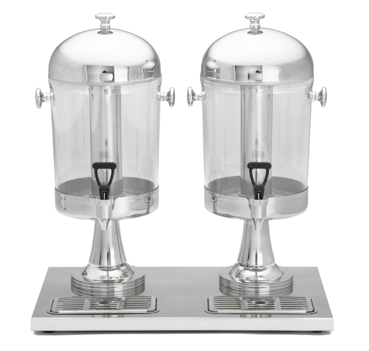 Two large, clear beverage dispensers with stainless steel lids and bases are mounted side by side on a shared tray with drip grates. Each dispenser has a black spigot at the bottom and is dishwasher safe for easy cleaning.