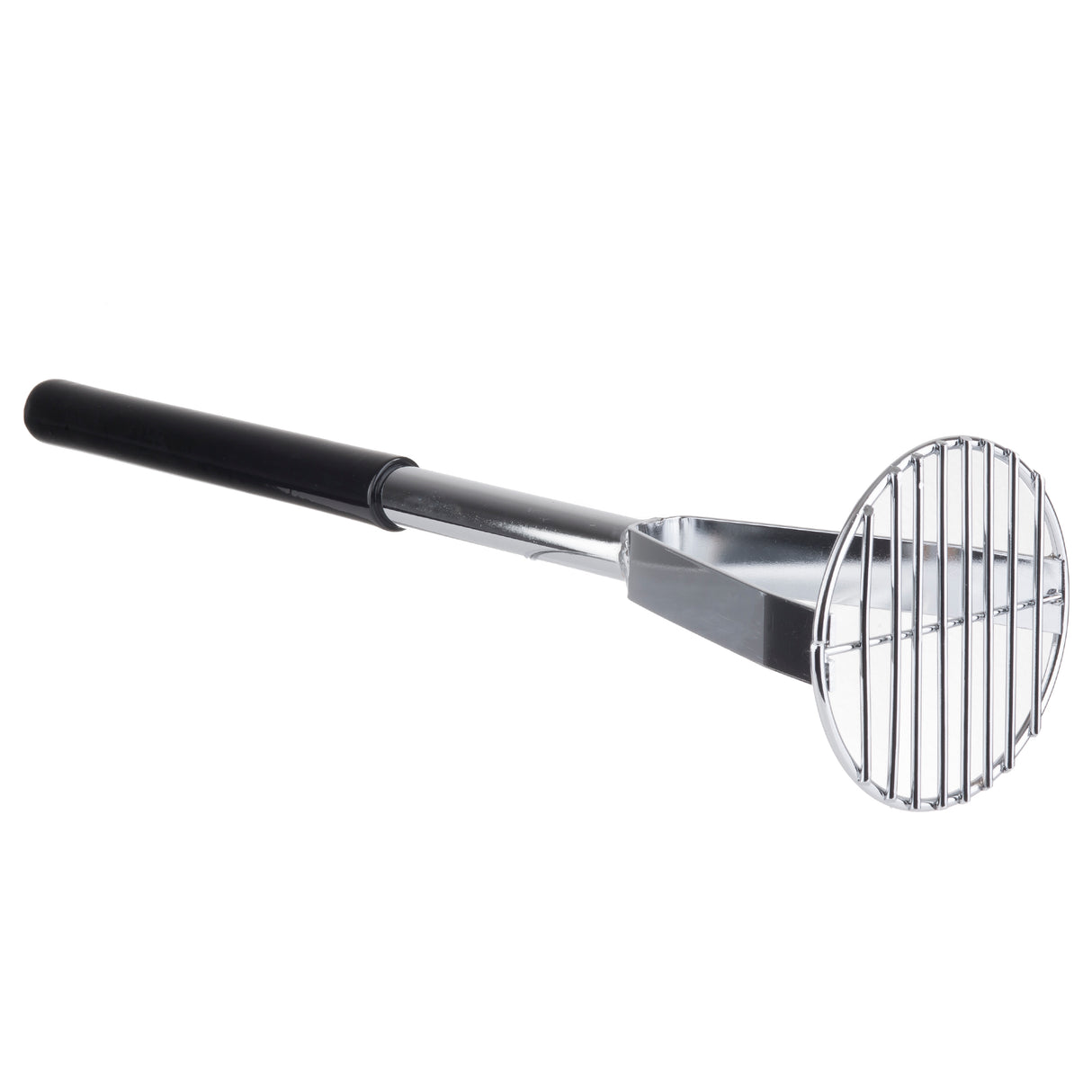 A chrome plated potato masher with a round, grid-like wire head and an ergonomically designed black handle. Suitable for mashing food, this tool is also dishwasher safe and isolated on a white background.