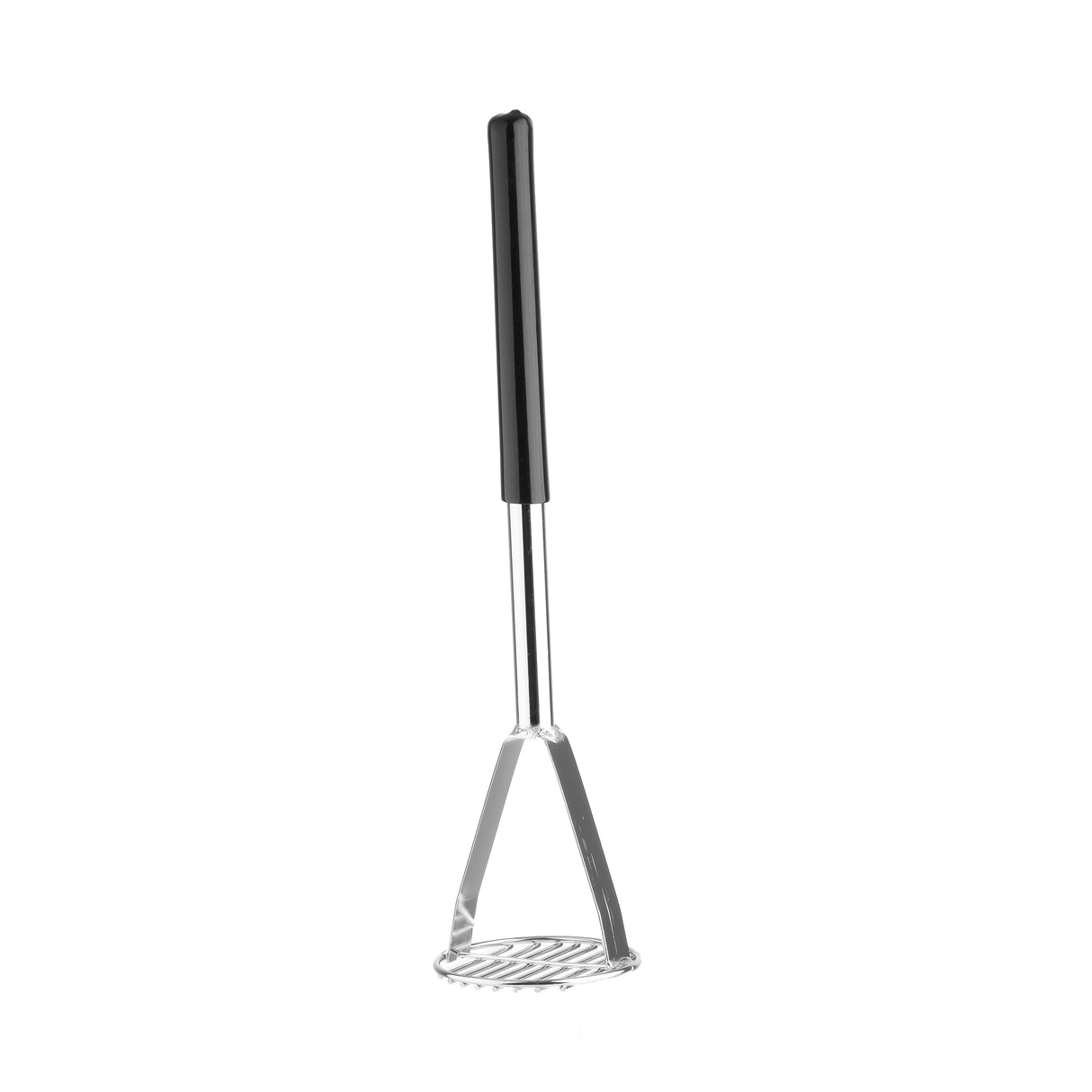 A stainless steel, chrome plated potato masher with a black ergonomic handle. The round, flat mashing plate features horizontal slots for effective mashing. Dishwasher safe for easy cleaning. The background is plain white.