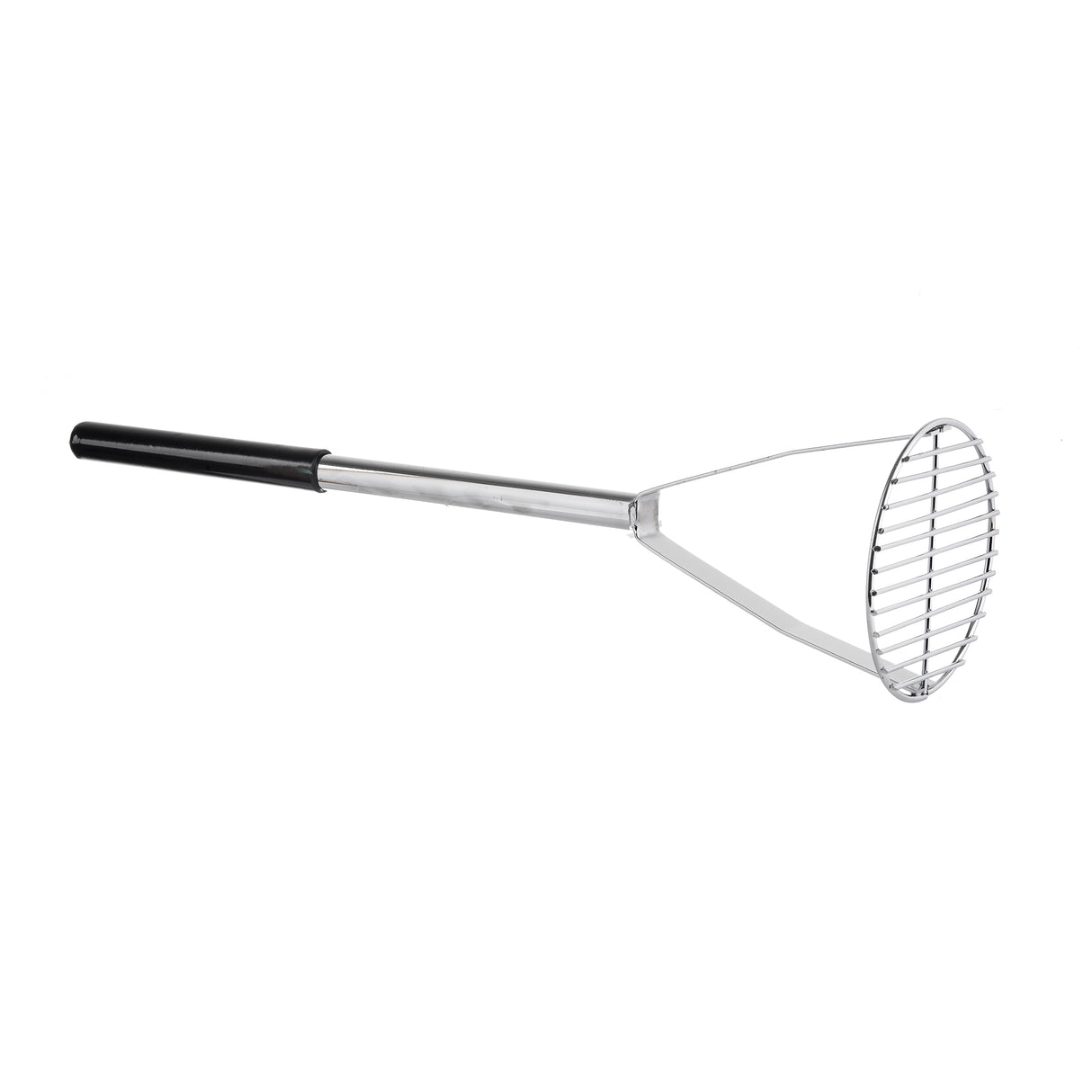 A chrome plated potato masher with a round, slotted mashing plate and a long black texture handle for grip. The handle extends straight to the wire grid head, perfect for mashing potatoes or other soft foods.