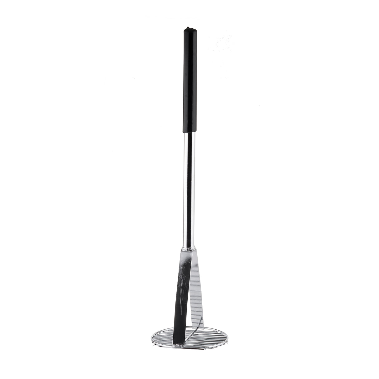 A chrome plated potato masher with a black texture handle and a flat, round, slotted mashing plate stands upright against a white background. The long straight handle offers grip, while the plate features parallel horizontal slots for efficient mashing.
