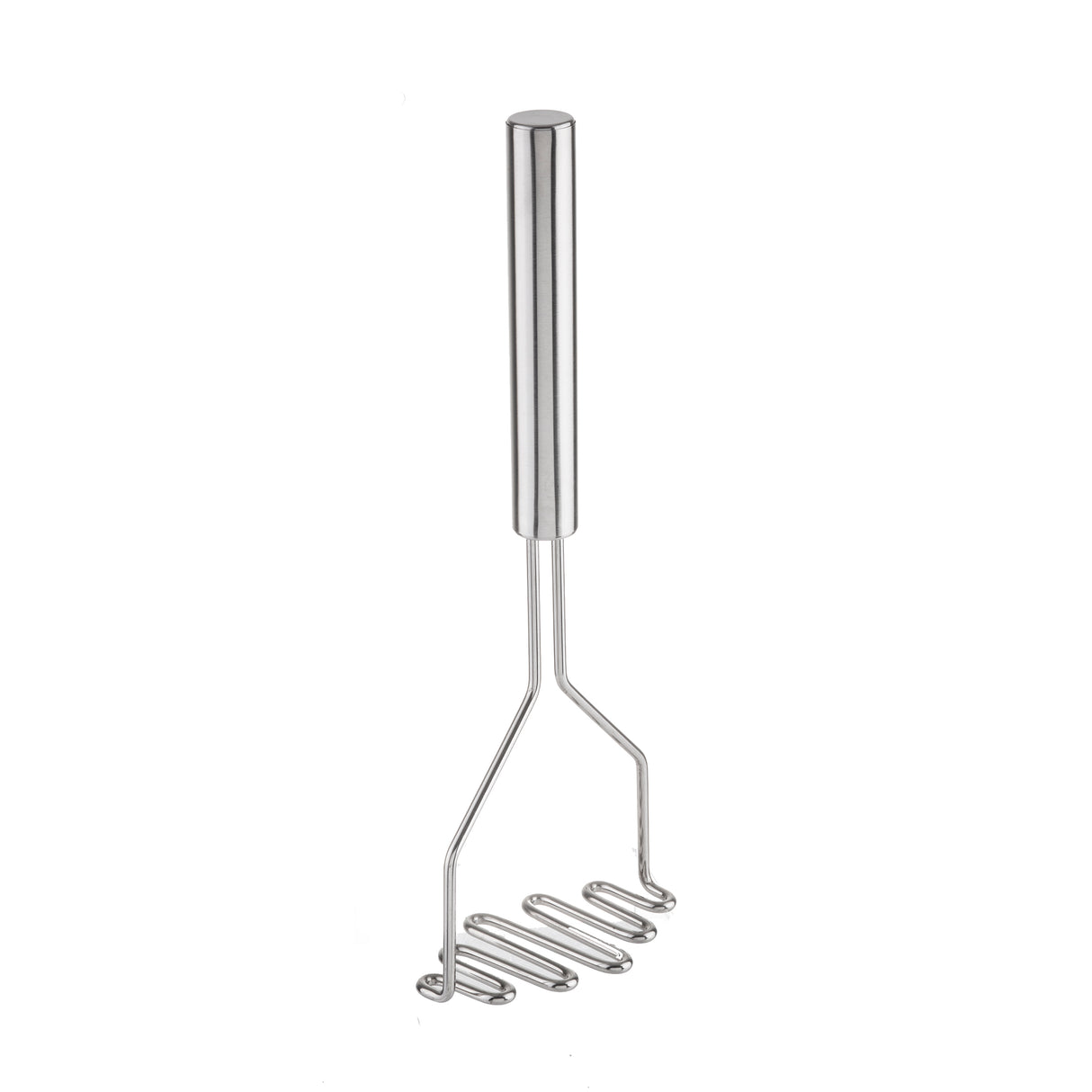 The TableCraft potato masher features a simple, modern design with a stainless steel handle and a zigzagged, flat mashing plate—perfect for effortlessly mashing potatoes or vegetables. The background is plain white.