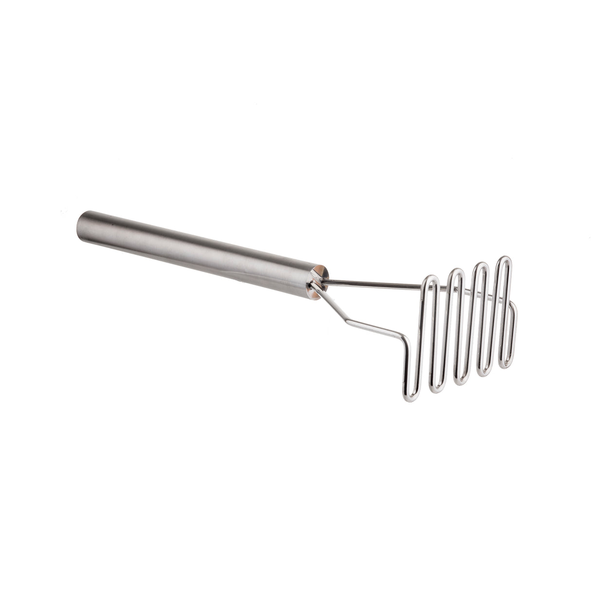 The TableCraft stainless steel potato masher features a cylindrical handle and a zigzag mashing plate, isolated on a white background. The tool is angled to display both the sleek handle and the wavy mashing end.