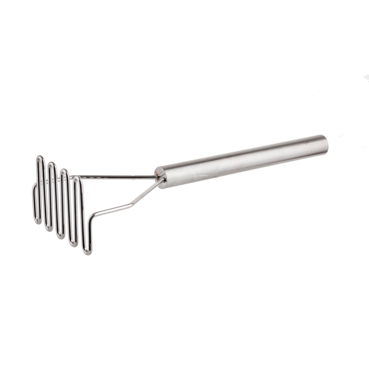 The TableCraft stainless steel potato masher features a long cylindrical handle and a zigzag mashing plate, ideal for crushing potatoes and other soft foods. Its shiny, metallic finish stands out against the white background.