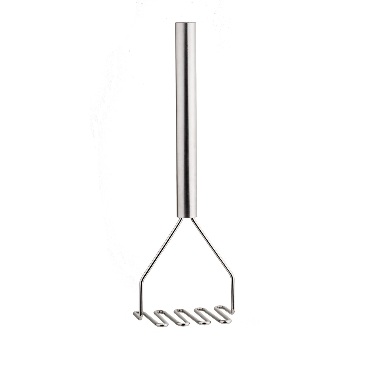 The TableCraft potato masher features a stainless steel cylindrical handle and a zigzag mashing plate, all with a polished metallic finish. Its simple, modern design is perfect for efficient mashing, isolated on a white background.