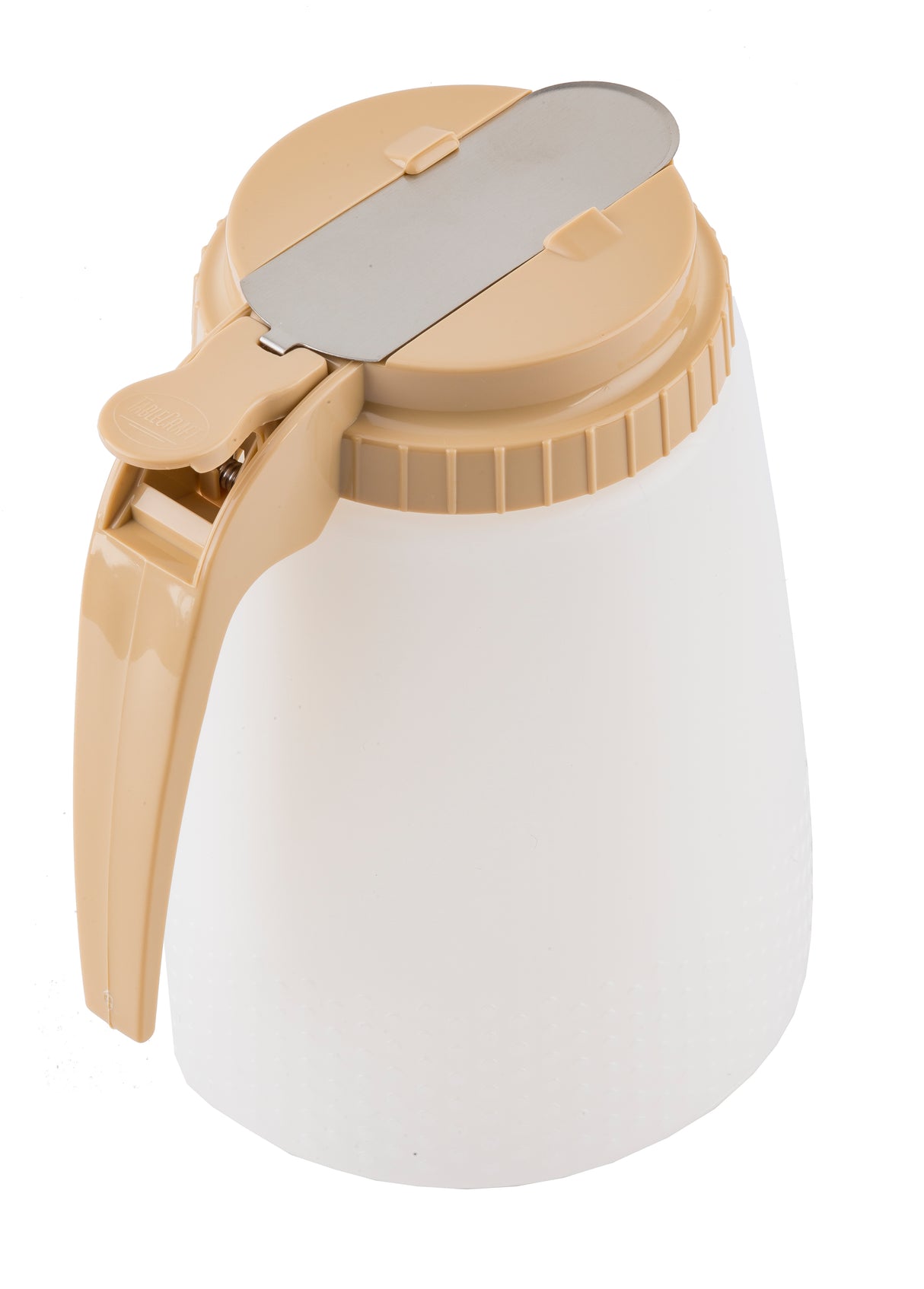 A beige and white All Purpose Dispenser pitcher with a hinged lid and handle. The metallic sliding cover aids pouring, while the BPA free, opaque body features a textured lower section. Made in USA. Plain white background.