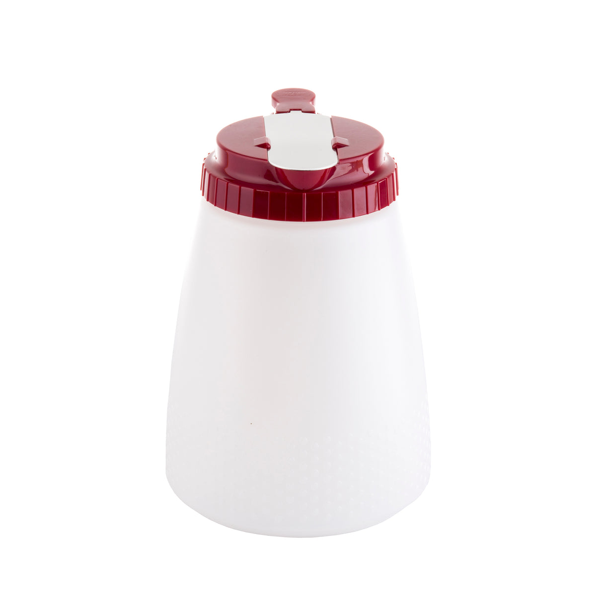 A white, semi-transparent 48 oz all purpose dispenser with a textured surface and wide base, topped with a maroon screw-on lid featuring a push-pull spout and white tab. This BPA free container is photographed against a plain white background.