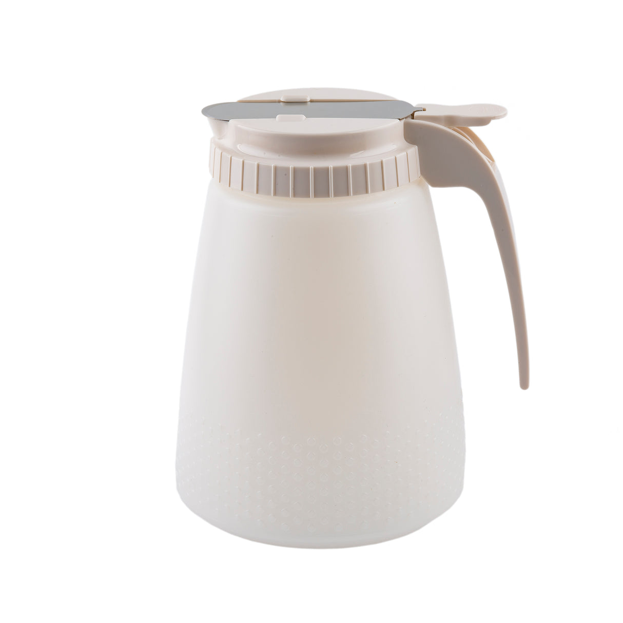 A white, translucent 48 oz. All Purpose Dispenser with a textured base, beige handle, and matching flip-top lid. BPA free, the lightweight pitcher is ideal for pouring liquids and is set against a plain white background.