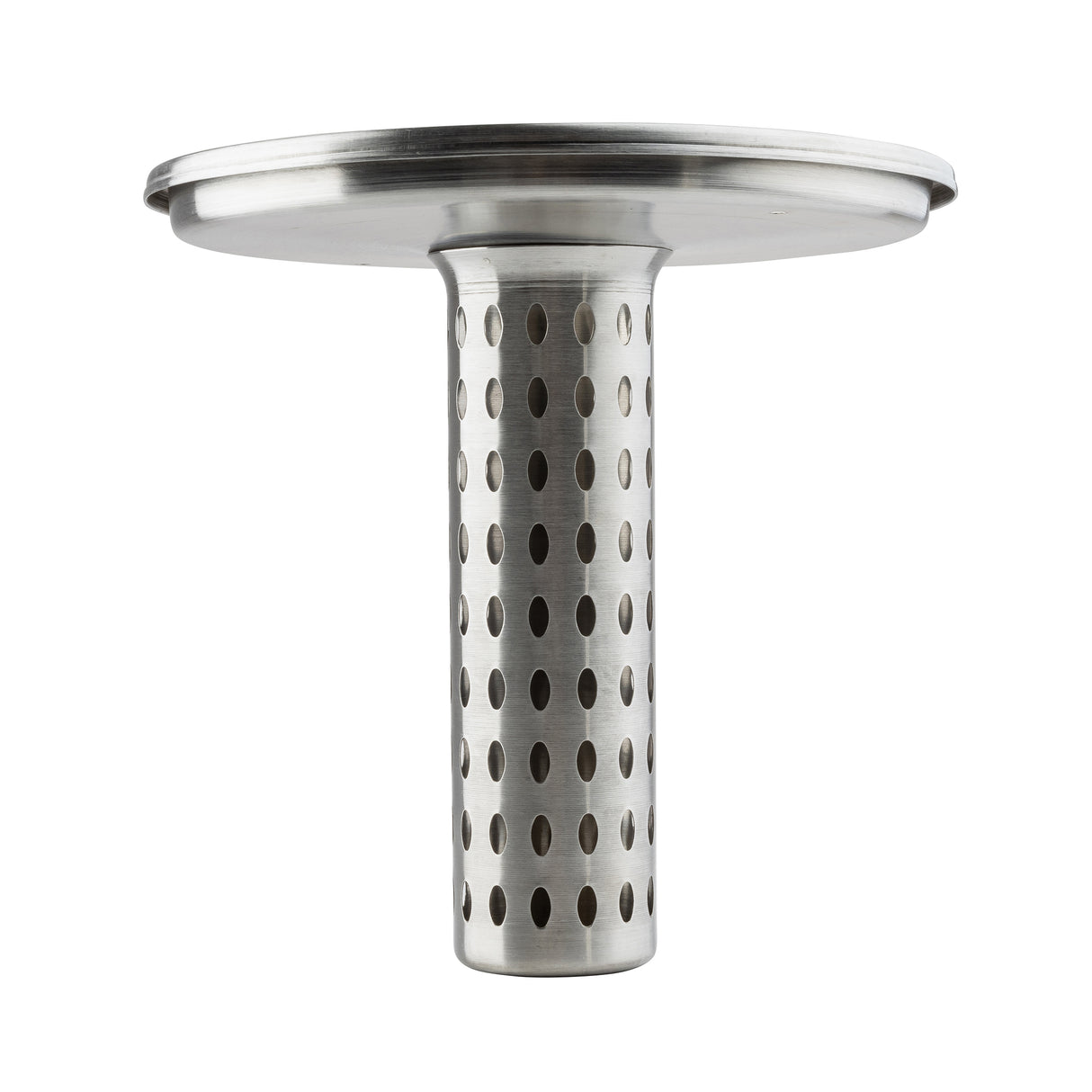 A stainless steel cylindrical infuser filter with evenly spaced round holes and an attached flat, circular top plate. Its smooth, reflective surface offers durability, easy cleaning, and is dishwasher safe. The image is on a white background.