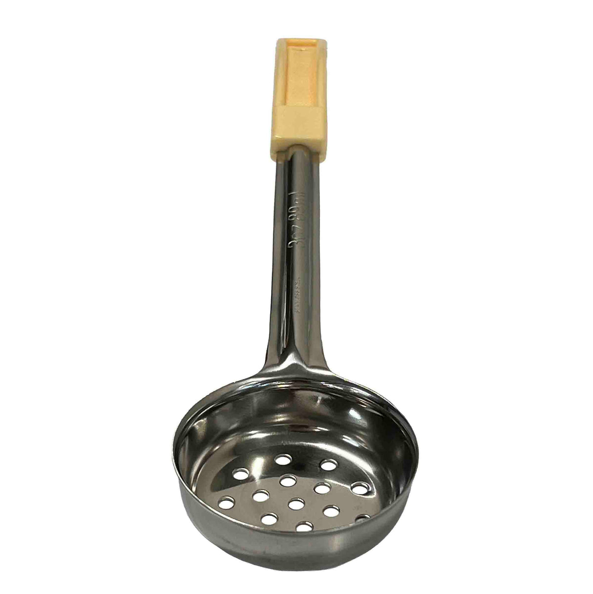 A stainless steel skimmer spoon with a round, shallow, perforated bowl for draining, attached to a long, rectangular beige handle. The Spoonout is ideal for straining or lifting food from liquids. Photo taken on a white background.