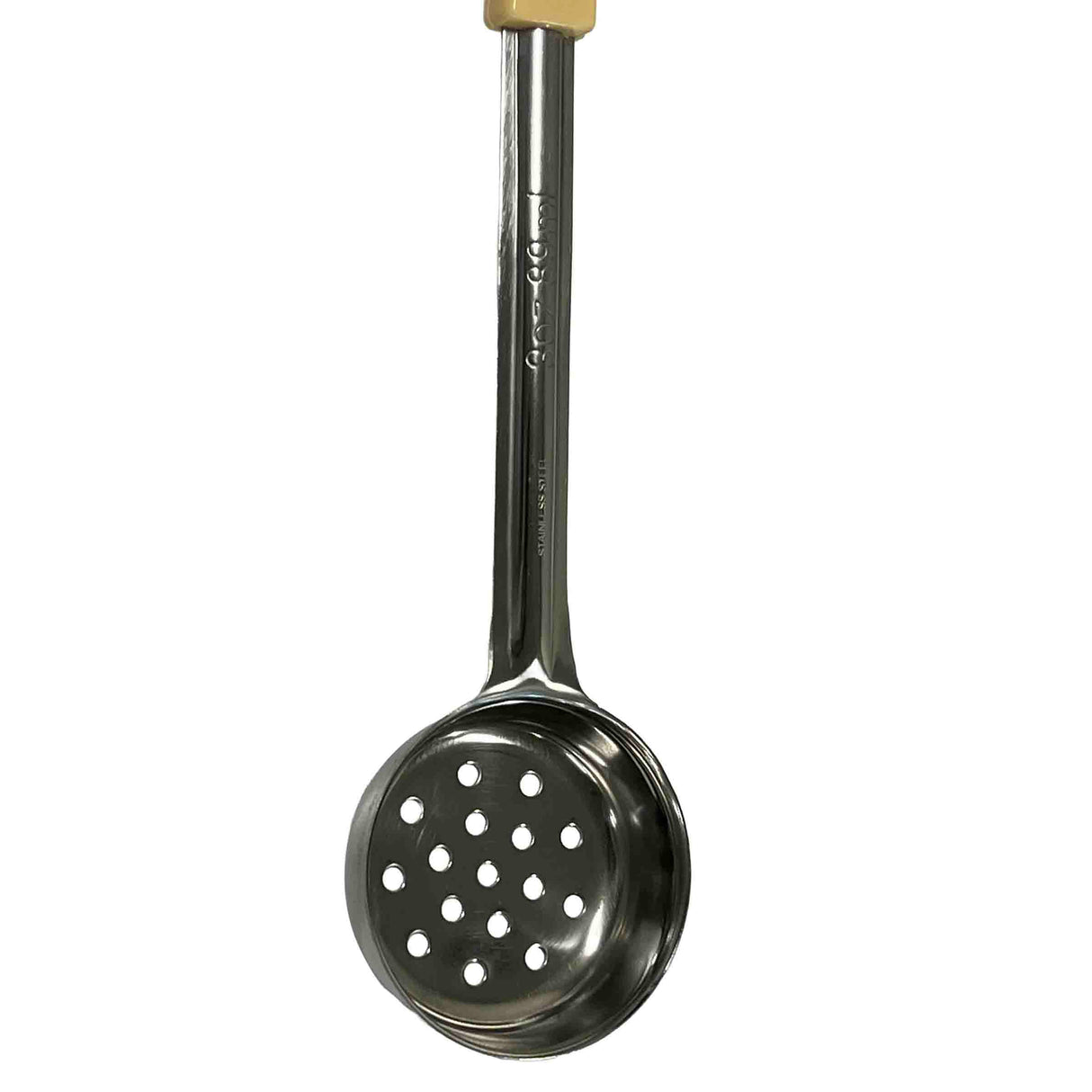 A stainless steel skimmer spoon with a round, flat, perforated head and a long handle. The head has multiple evenly spaced holes, and the beige grip makes it easy to Spoonout or strain food from liquids with ease.