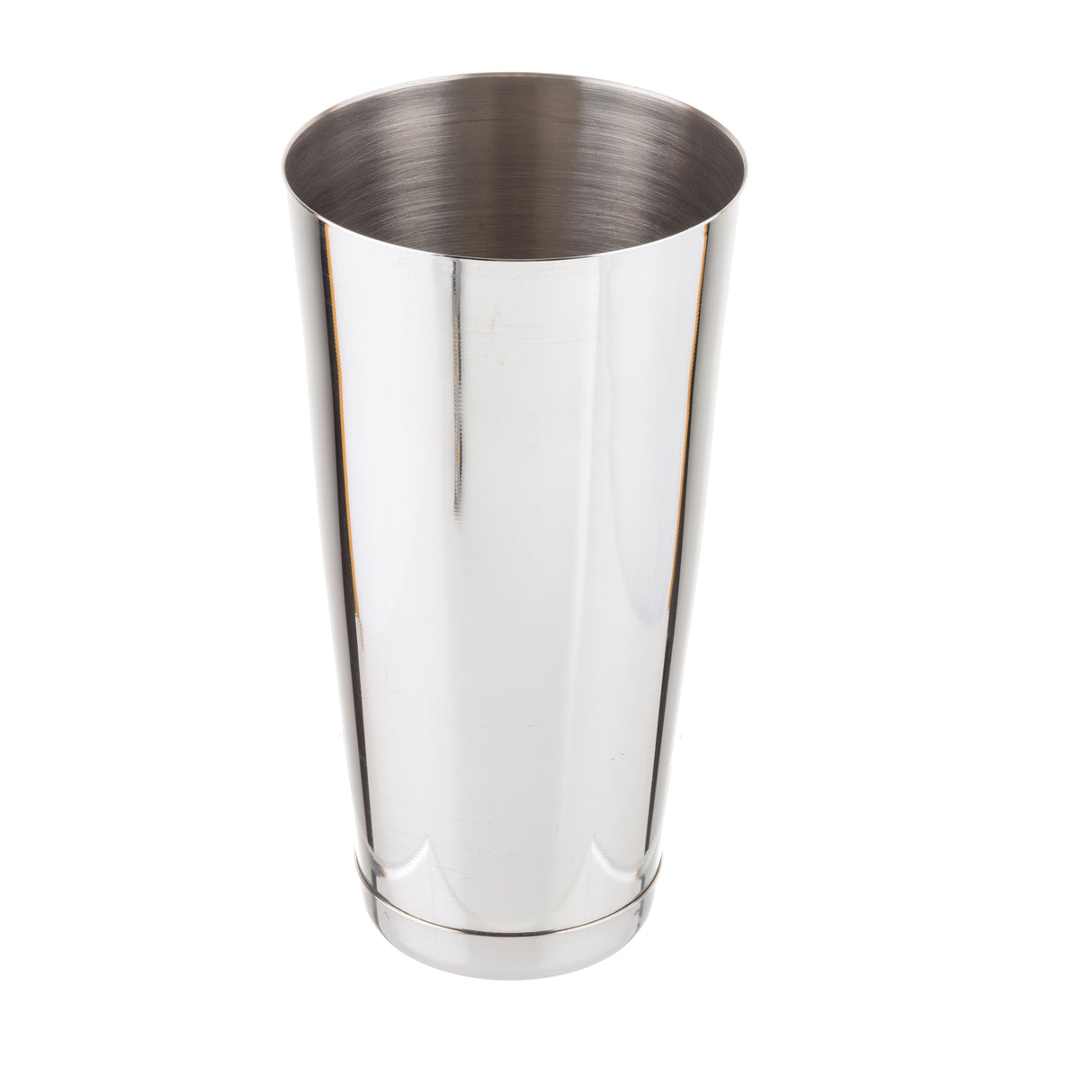 A shiny, stainless steel bar shaker tin with a smooth, reflective surface stands upright on a white background. The cylindrical shaker has an open top revealing the interior and is conveniently dishwasher safe for easy cleaning.