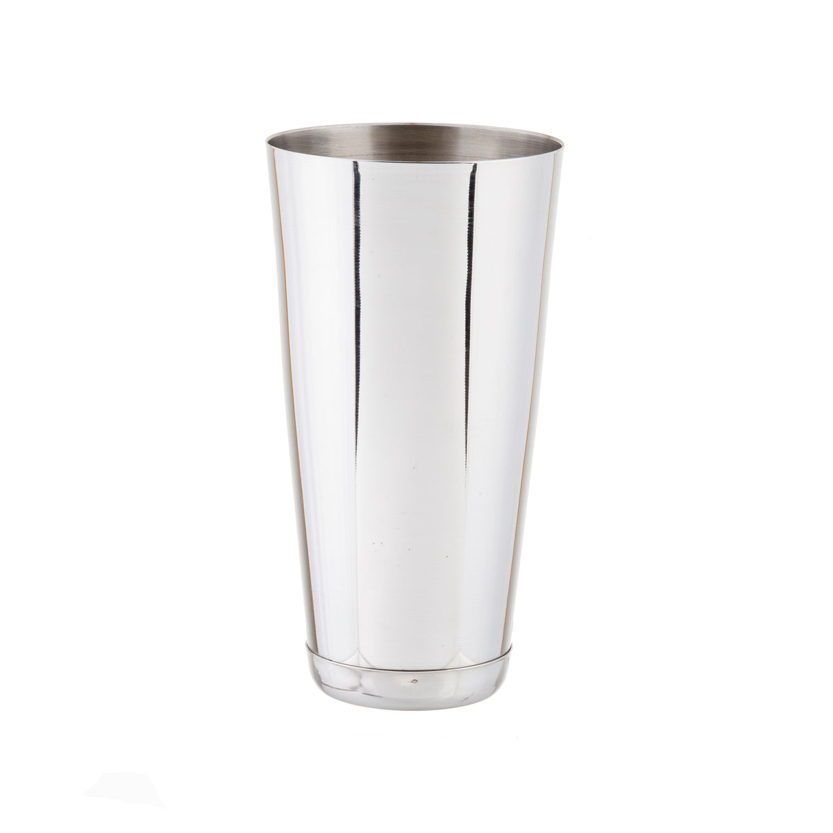 A shiny stainless steel bar shaker stands upright on a plain white background. The highly reflective surface is smooth with a slightly flared rim and flat base. There are no visible markings, handles, or decorative elements.