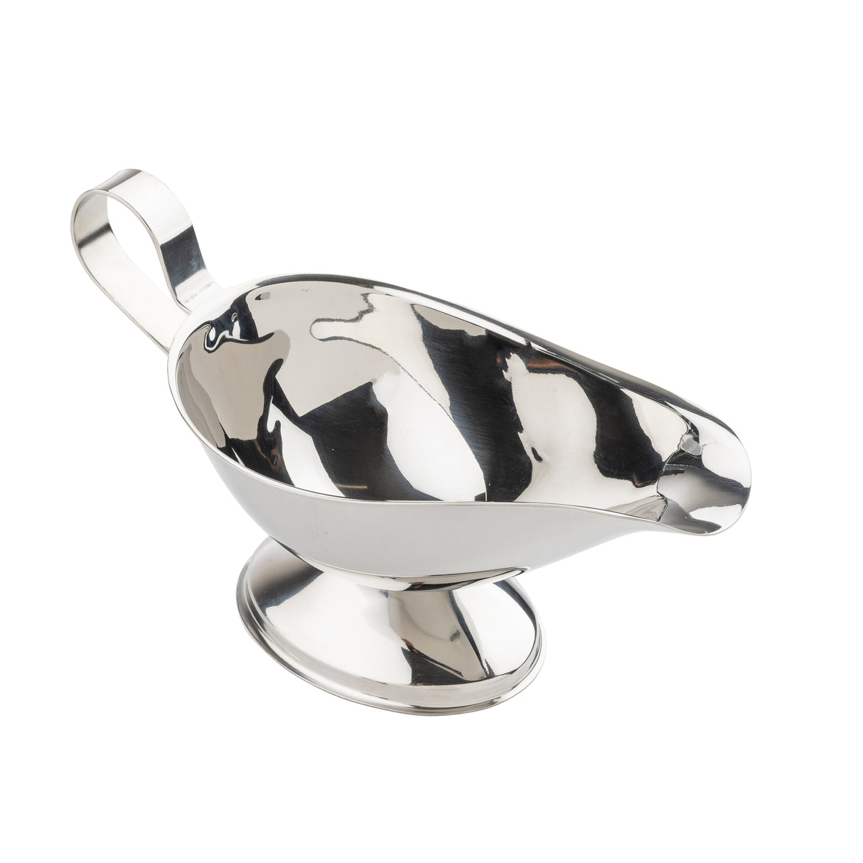 A shiny gravy boat made from 18/8 stainless steel, with a handle on one side and a spout on the other, sits on a round pedestal base. Its reflective surface showcases light and shadow against a plain white background. Dishwasher safe for easy cleaning.