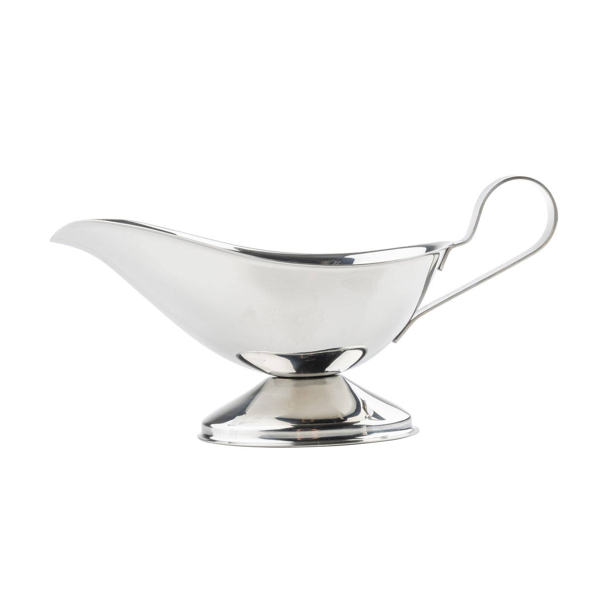 A shiny, silver gravy boat made of 18/8 stainless steel features a curved spout, wide bowl, and looped handle. It stands on a round pedestal base against a plain white background, highlighting its reflective surface and elegant design.