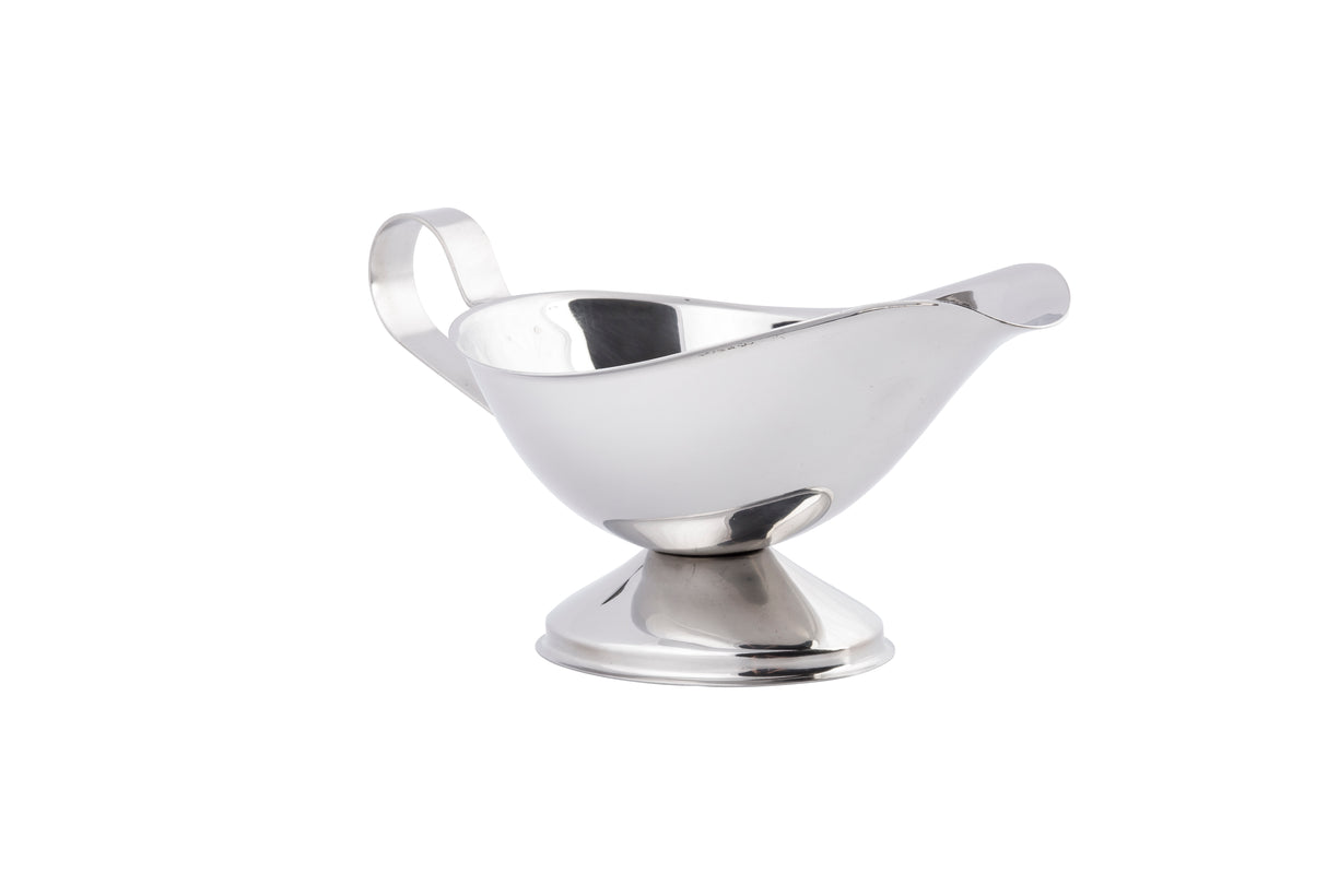 A shiny silver gravy boat crafted from 18/8 stainless steel features a curved spout, large handle, and round pedestal base. Its smooth, reflective surfaces stand out against a plain white background and it's dishwasher safe for easy cleaning.