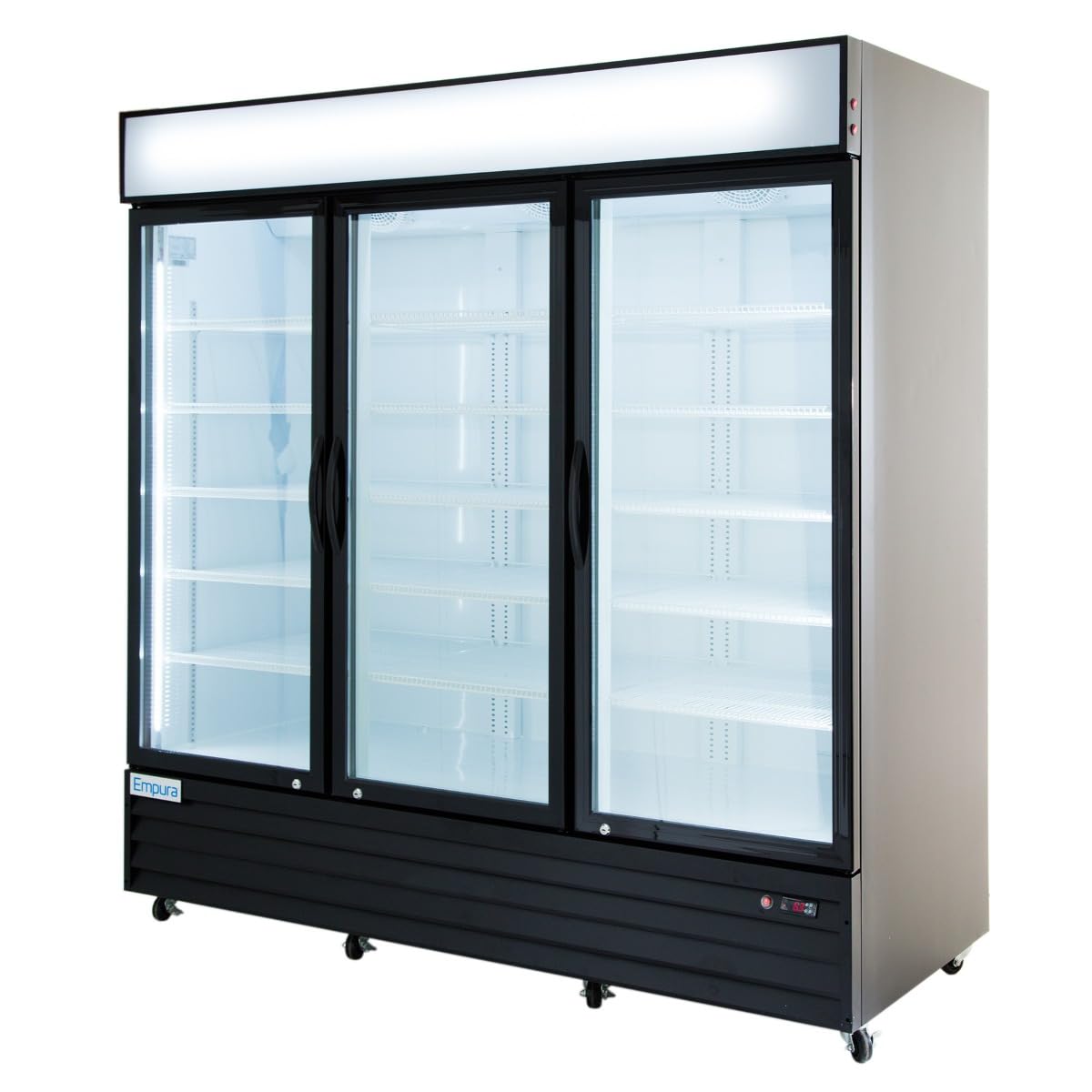A large glass door cooler with three clear doors and black frames, showcasing empty white shelves inside. The unit has wheels for mobility, a blank illuminated sign panel on top, and a sleek silver and black exterior—perfect for commercial refrigeration.