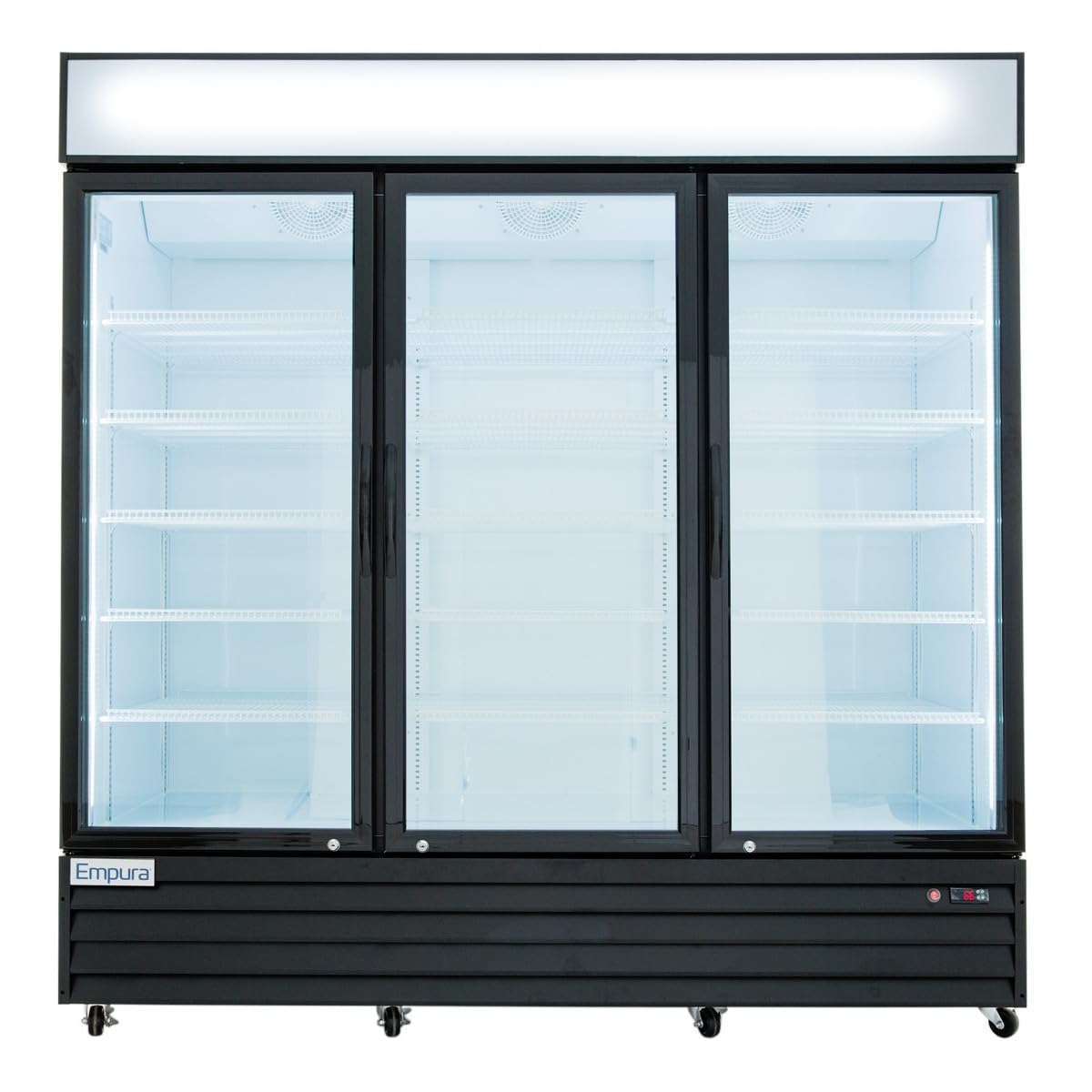 A large glass door cooler with three sections and multiple empty white shelves. Featuring a black frame, blank white display panel on top, wheels at the bottom, and the Empura brand on the lower left—ideal for commercial refrigeration needs.