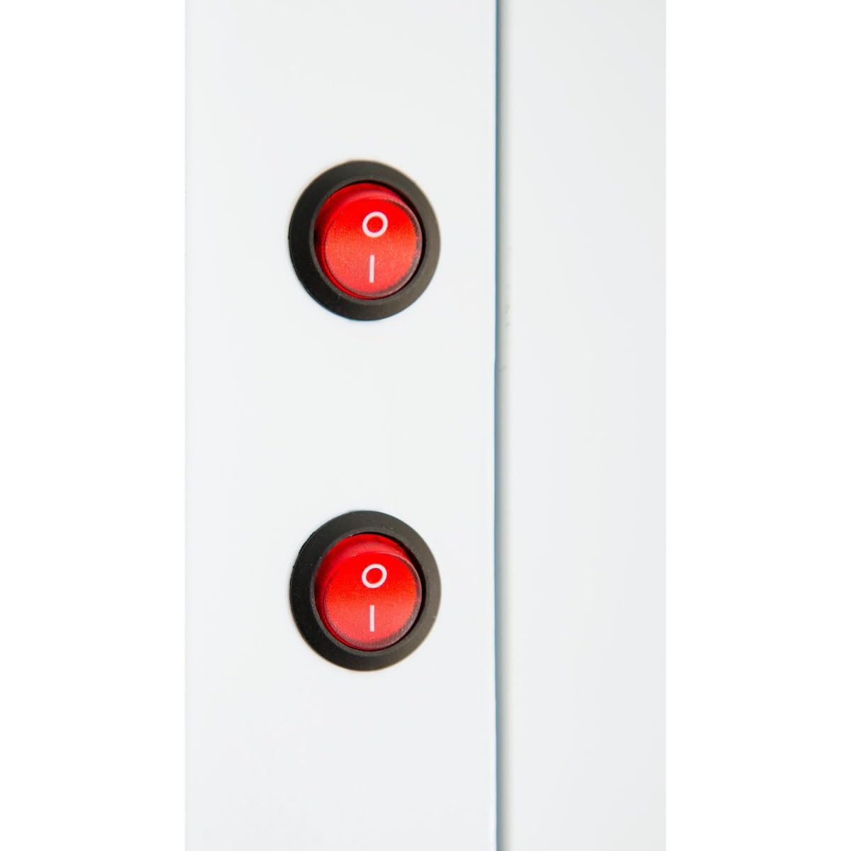 Close-up of two red circular rocker switches on a commercial refrigerator’s white panel, aligned vertically. Each has a white I (on) and O (off) symbol, black borders, and is set to the off (O) position.
