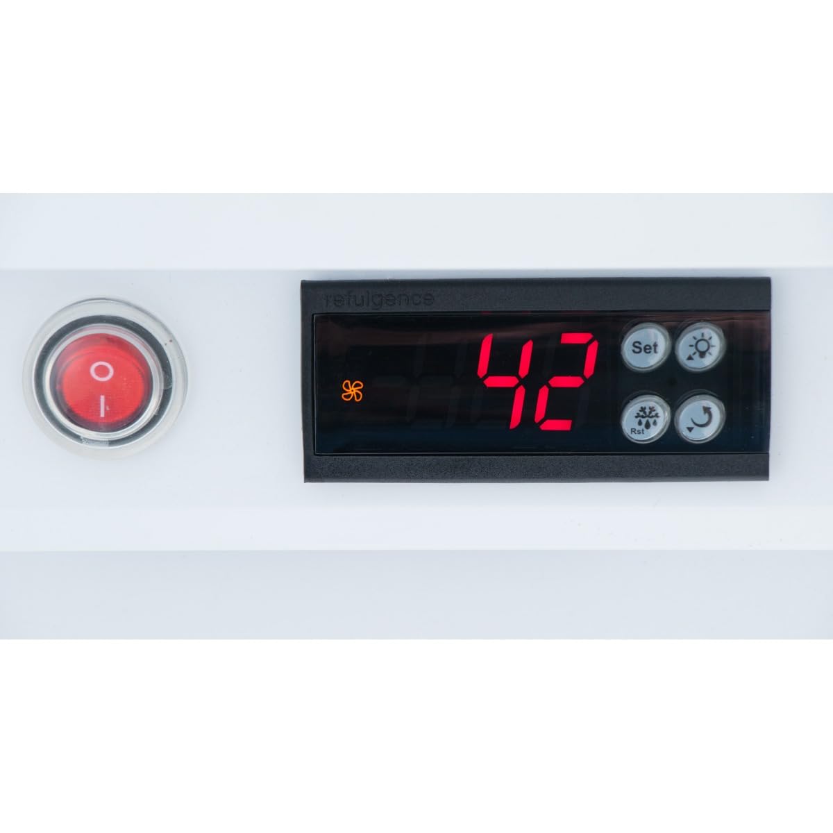 Close-up of a digital control panel on a commercial refrigerator showing the number 42 in red LED digits, with Set buttons and icons. To the left is a large red power button. The panel is mounted on a white refrigerated merchandiser surface.