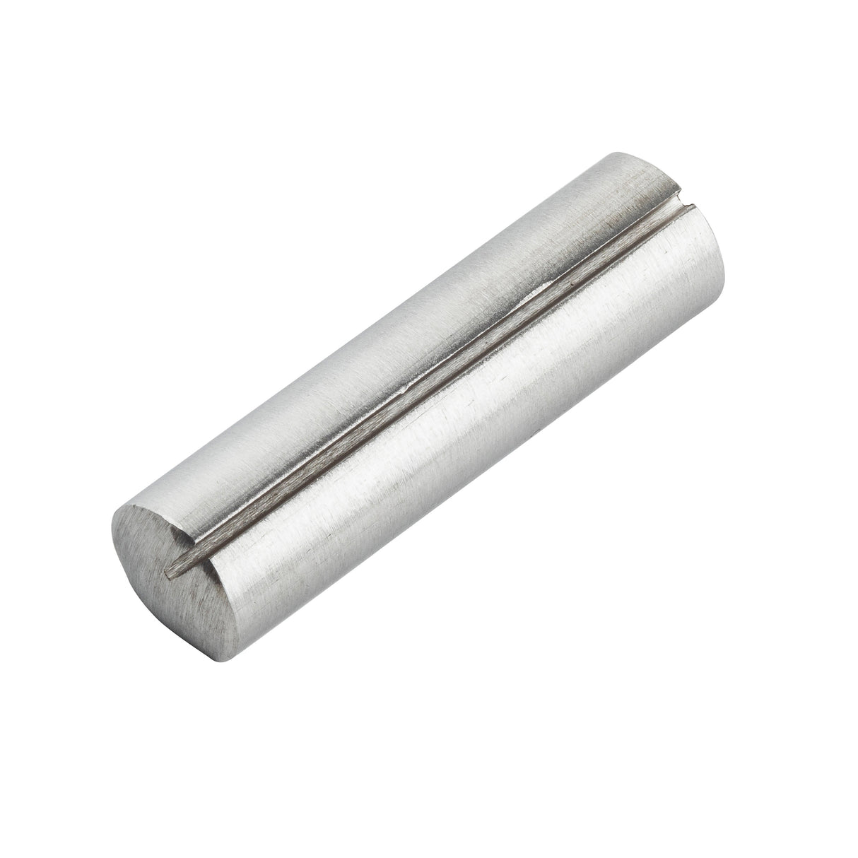 A shiny, metallic cylindrical pin made of stainless steel with a smooth surface. The pin has a groove running along its length, giving it a slightly open appearance on one side. The ends are flat, and the metal has a brushed finish.