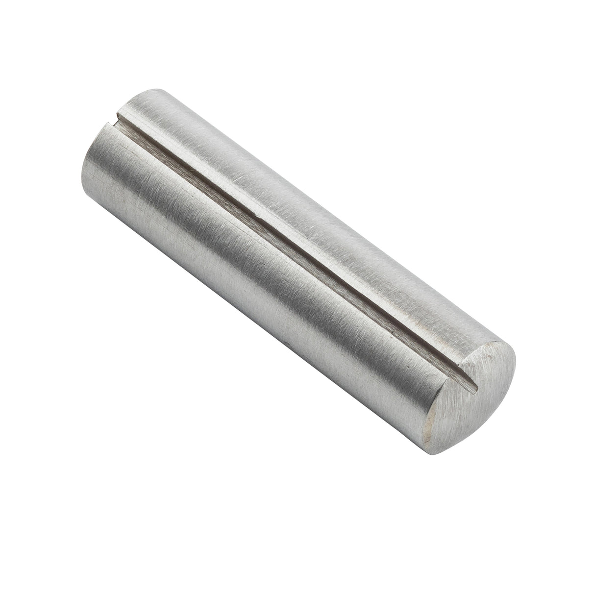 A metallic, cylindrical rod with a flat bottom and a long, narrow groove running along its top. The smooth, silver-colored surface suggests it is a TableCraft Bullet Card Holder made of stainless steel, isolated on a white background.
