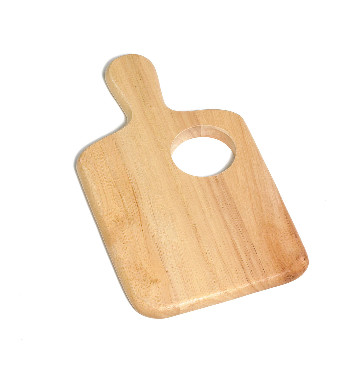 A rectangular TableCraft bread board with rounded edges and a handle, featuring a large circular hole near the handle. Made from natural finish wood, the visible grain stands out as it rests on a white background.