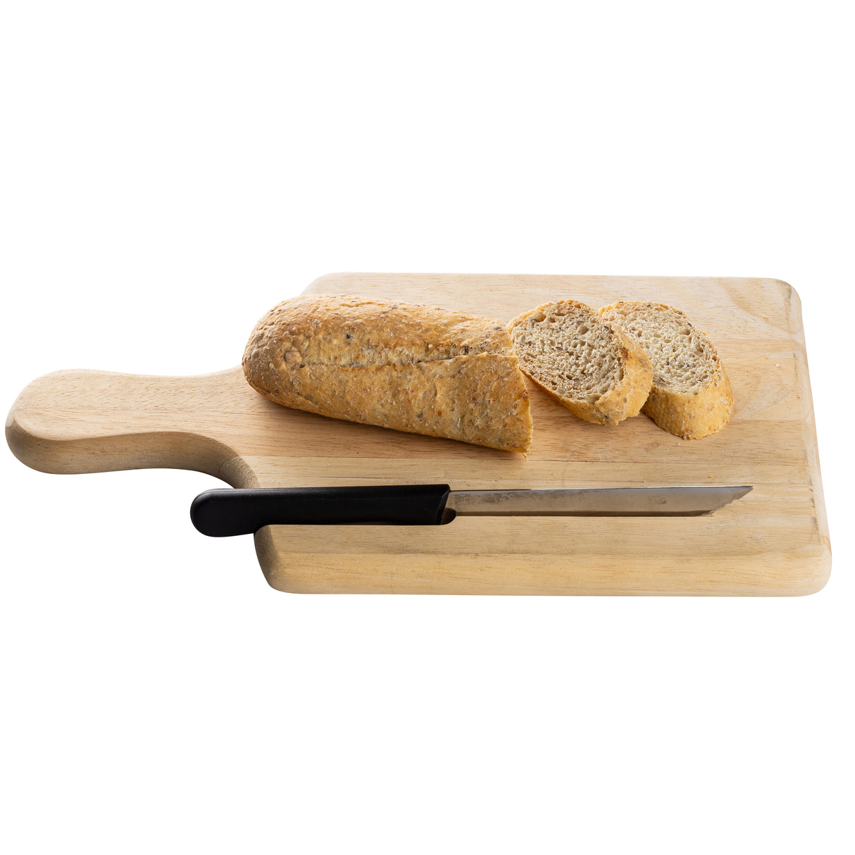 A loaf of bread, partially sliced, sits on a wood bread board. Two slices lie in front of the loaf, while a black-handled bread knife rests by the knife slot on the board. The background is plain and white.