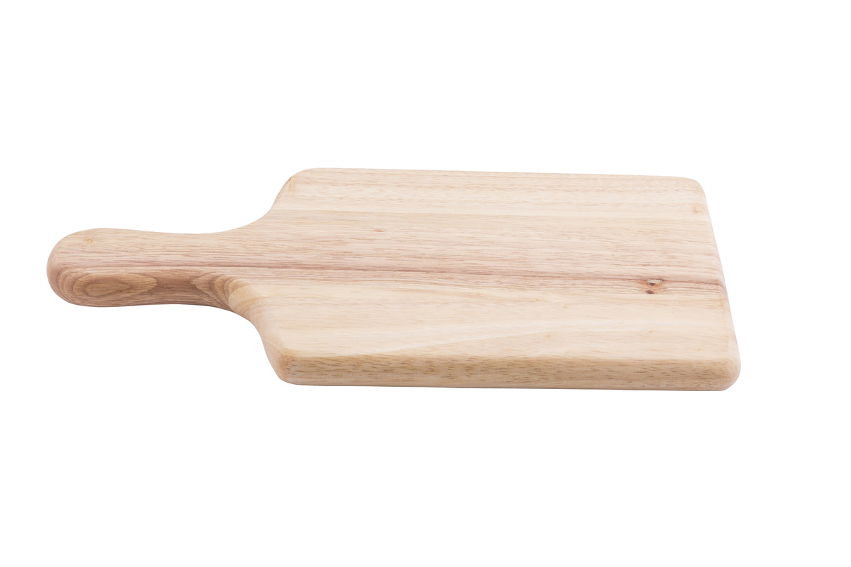 A rectangular TableCraft bread board with a natural finish wood surface and short handle, shown on a white background. The board has a smooth finish with visible wood grain patterns, and the handle curves slightly outward for easy gripping.