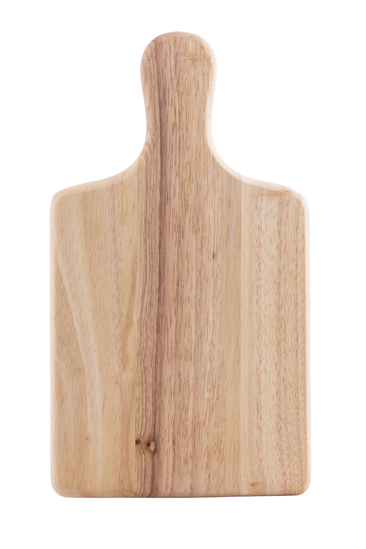 A rectangular TableCraft bread board with rounded edges and a handle at the top. The natural finish wood showcases visible grain in light and medium brown tones. The background is plain white.