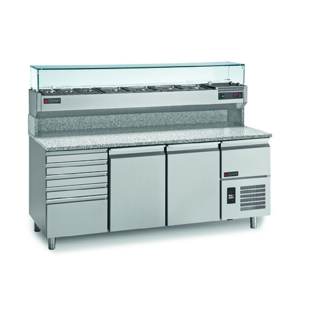 RositoBisani PC215 - Refrigerated Pizza Prep Table With Upper Refrigerated Toppings Rail Display Case