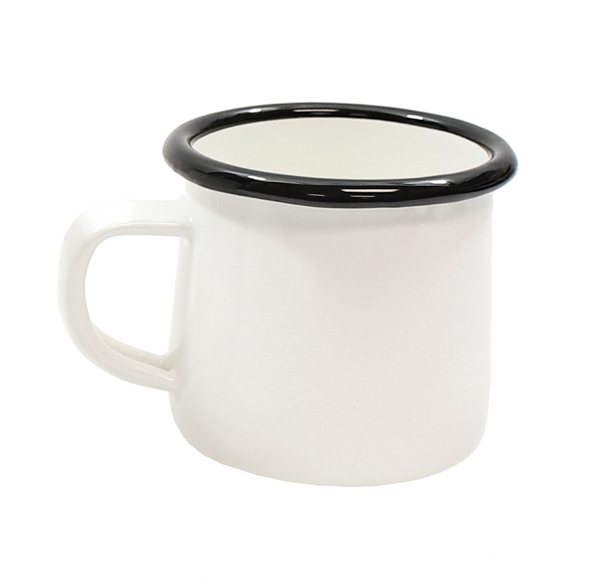 A classic porcelain enamel mug with a black rim and left-side handle, this enamelware mug features a simple, slightly rounded shape. Ideal for camping or rustic settings, it’s also a dishwasher safe mug for easy cleanup.