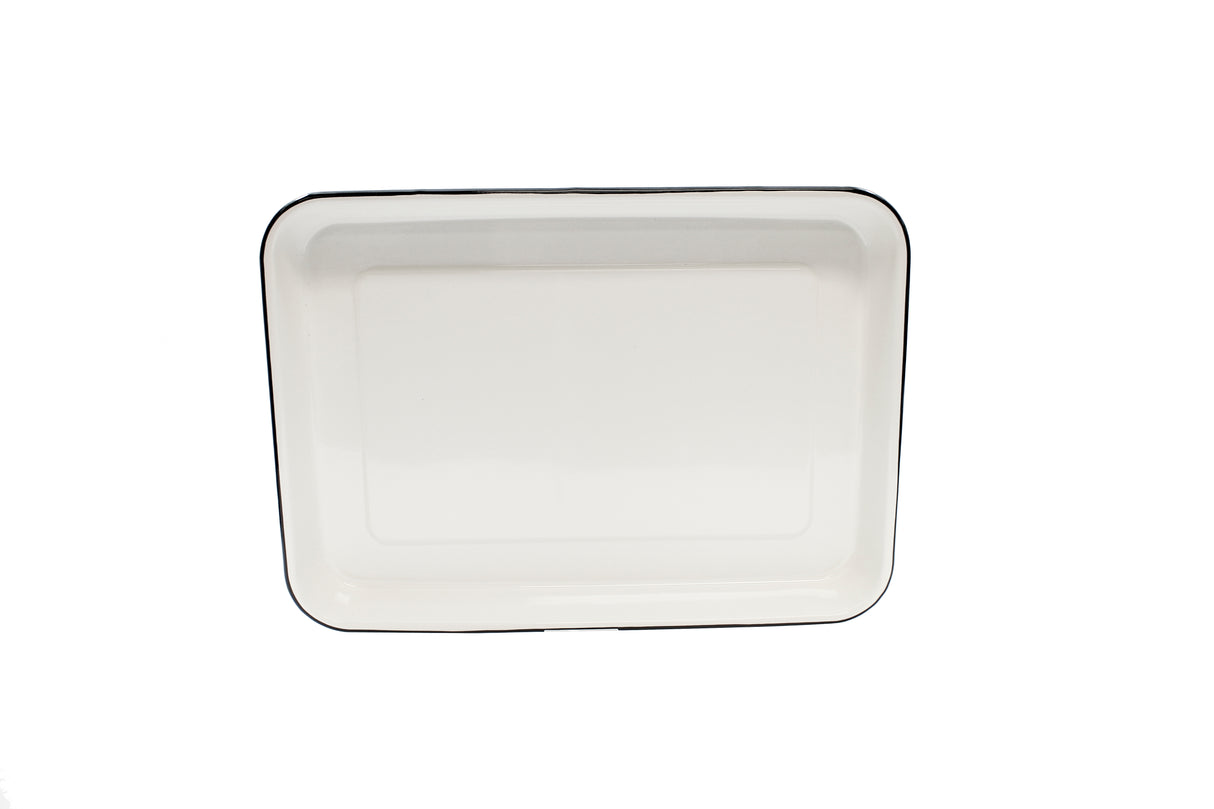 A rectangular, white Enamelware serving tray made from porcelain enamel coated steel with a thin black rim. It features slightly raised edges, a smooth, glossy surface, and is dishwasher safe. Photographed against a plain white background.