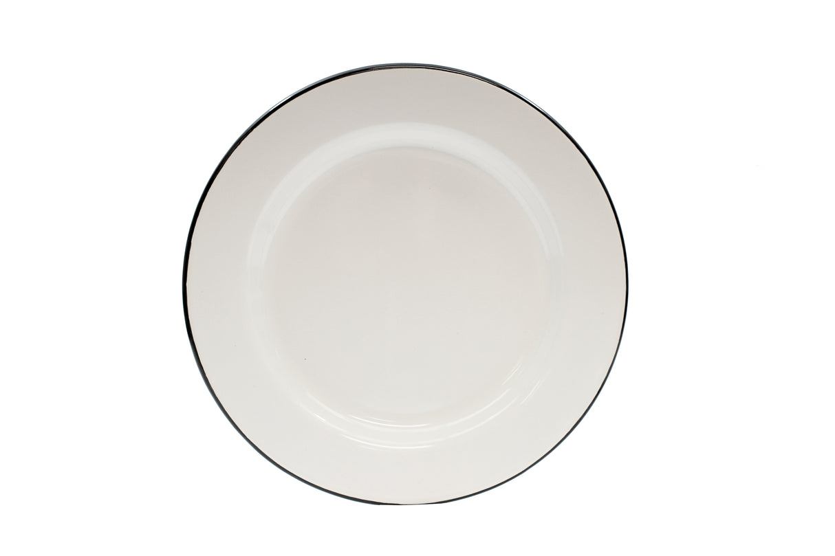 A plain white Enamelware plate with a thin black rim, viewed from above against a white background. The round, glossy plate features a simple, minimalistic design and is dishwasher safe for easy cleaning.