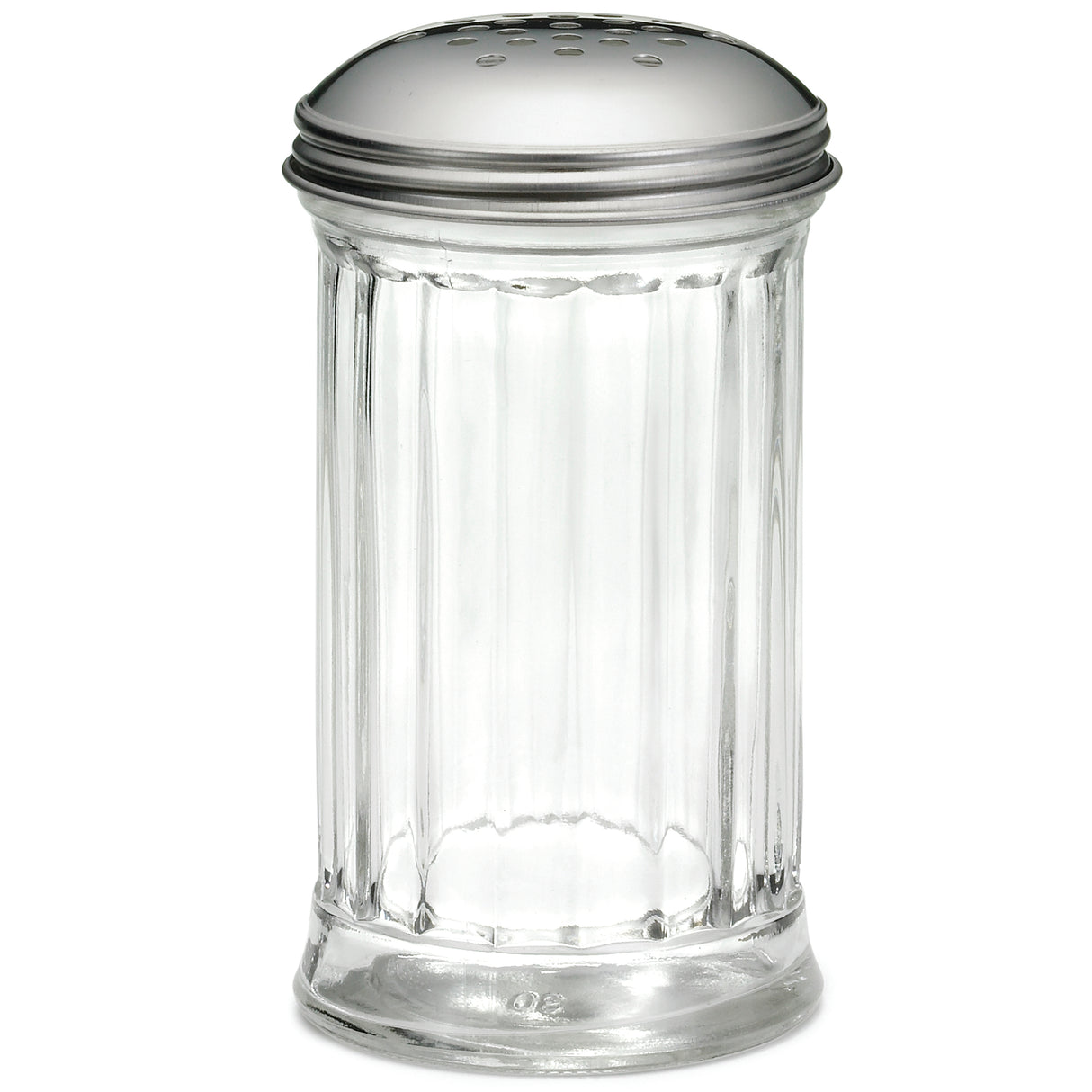 A clear, empty glass salt shaker with vertical ridges and a round, perforated stainless steel lid. The shaker stands upright against a white background, displaying its classic, diner-style design with a durable, perforated top.