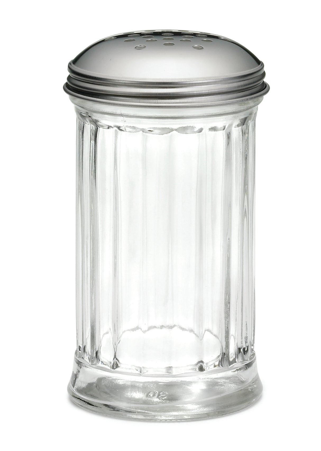 A clear, fluted glass shaker with vertical ridges and a rounded stainless steel lid dotted with small holes, designed for dispensing salt or other seasonings. The shaker stands upright against a plain white background.
