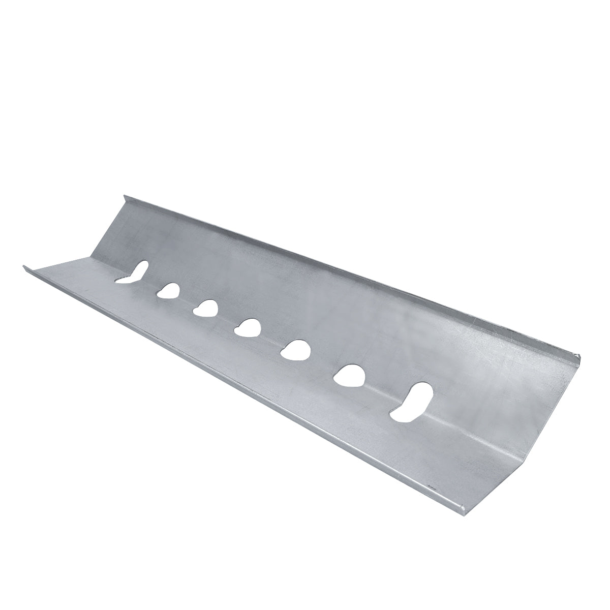 A silver metal bracket with angled edges and seven elongated oval holes, this Empura Equipment piece is designed for mounting or structural support—ideal for use as a radiant cover on charbroilers. Displayed against a plain white background.
