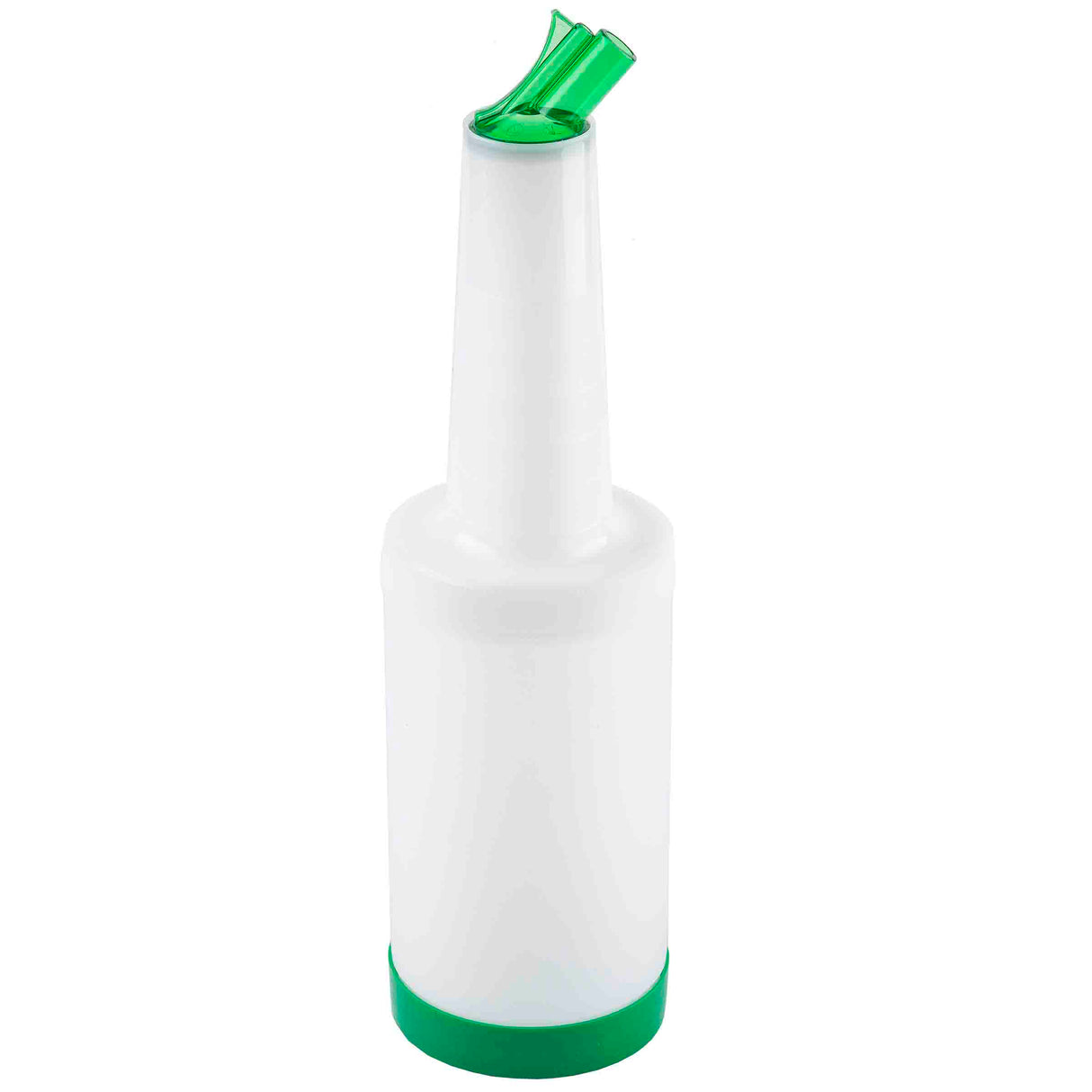 A white plastic PourMaster Complete Unit with a long neck, color-coded pour spout, and green base. This BPA free bottle is ideal for pouring liquids like juice or spirits. The background is plain white.