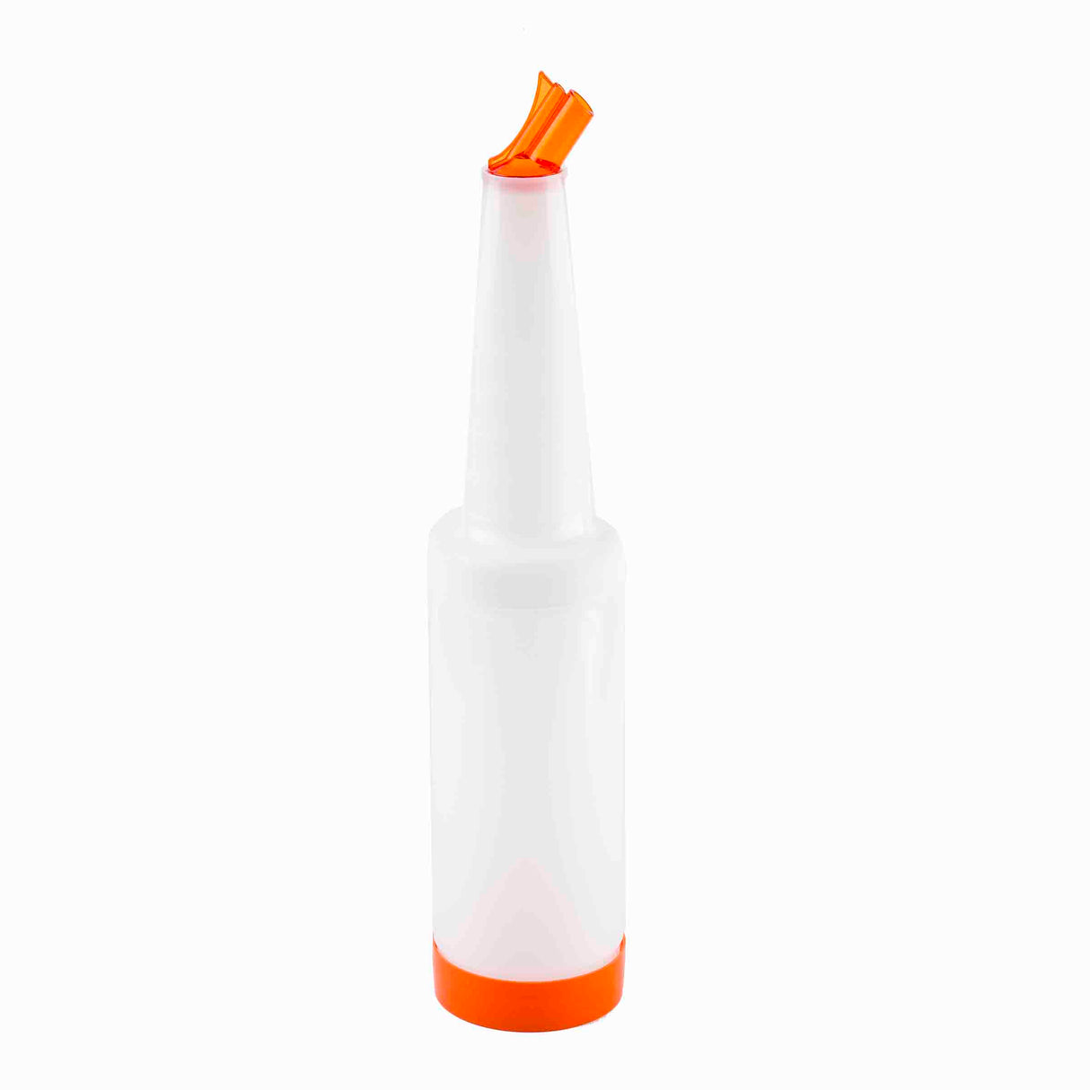A white plastic PourMaster Complete Unit features a long, narrow neck and an orange color-coded pour spout. The orange base matches the spout. Set against a plain white background, the upright container is both practical and dishwasher safe.