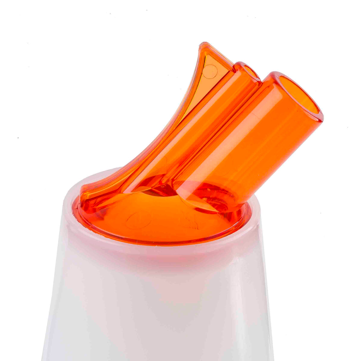 Close-up of a white container with an orange, translucent, color-coded pour spout lid. The angled spouts and shiny finish highlight the PourMaster Complete Unit, which appears to snap or twist on. The background is plain white.
